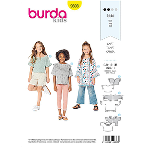 Patron Burda 9303 Tops, Tunique & T-shirts fille à manches intégrées volantées - de 6 à 11 ans