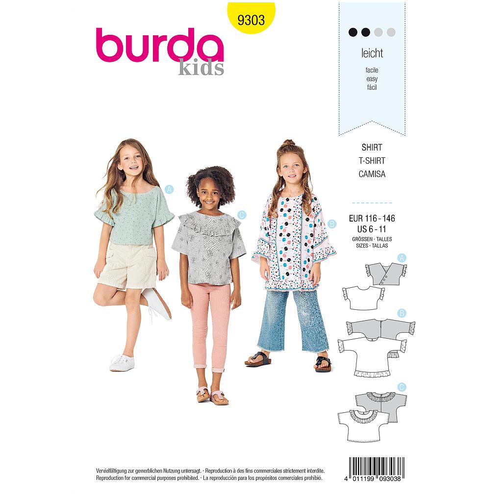 Patron Burda 9303 Tops, Tunique &amp; T-shirts fille à manches intégrées volantées - de 6 à 11 ans#