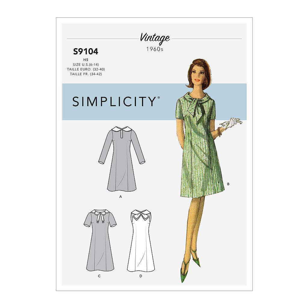 Patron Simplicity 9104 Robe Vintage rétro Sixties différents cols - du 34 au 50