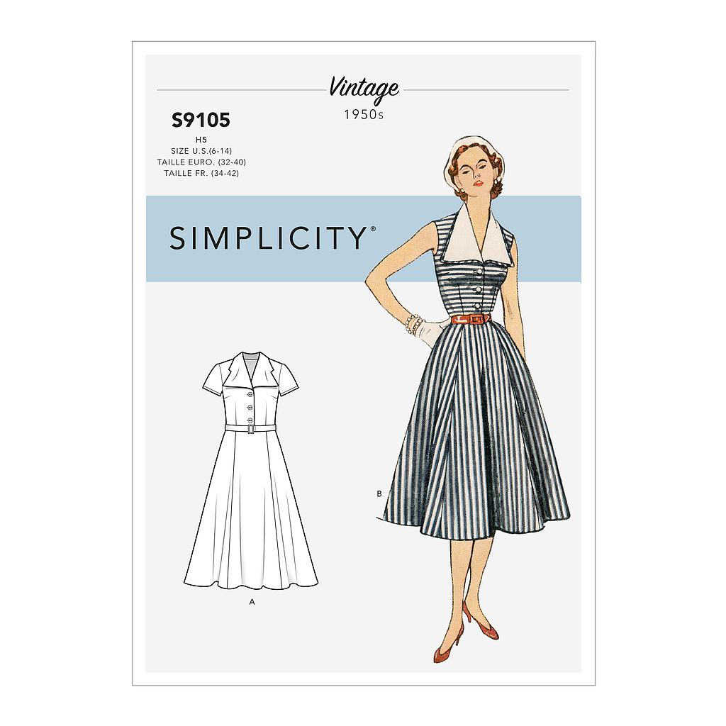 Patron Simplicity 9105 Tobe Vintage rétro Fifties au col à revers détachable - du 34 au 52