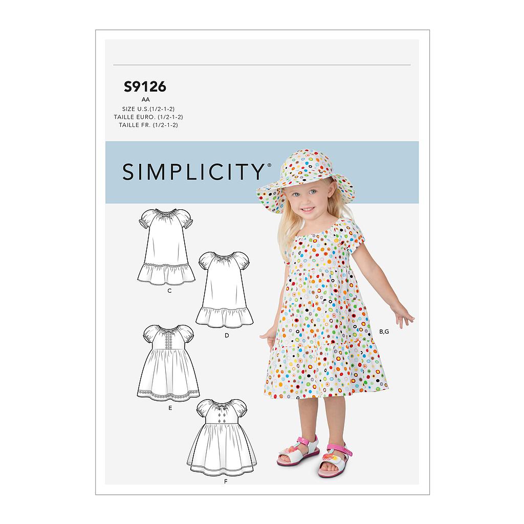 Patron Simplicity 9126 robe fillette manches raglan bouffanteset chapeau - 6 mois à 4 ans