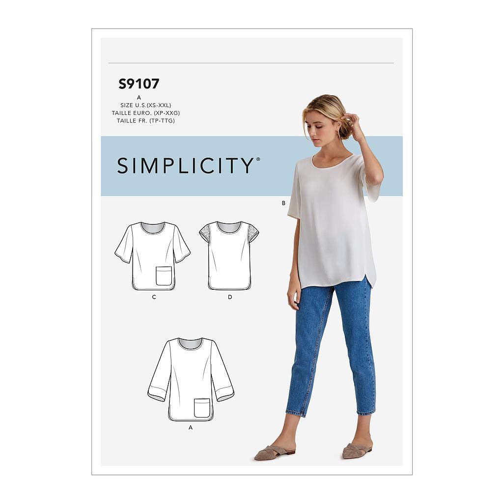 [S9107] Patron Simplicity 9107 Blouse femme droite dos à plis plats - du XS au 2XL