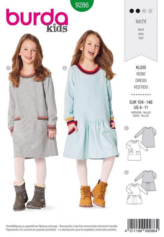 [B9286] Patron Burda 9286 Robe robe façon Tee-Shirt à bordures - de 4 à 11 ans