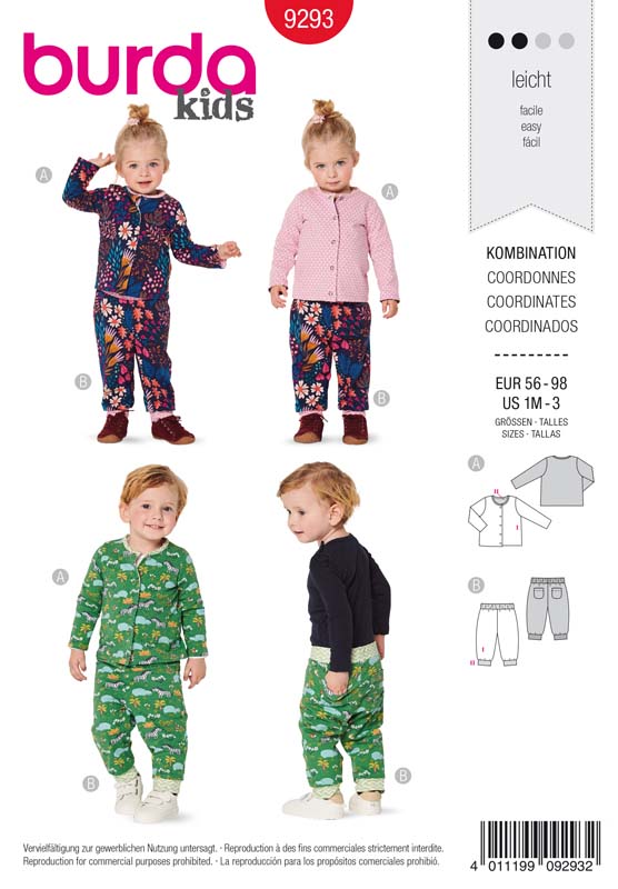 [B9293] Patron Burda 9293 Ensemble bébé Veste & pantalon réversibles - du 56 au 98