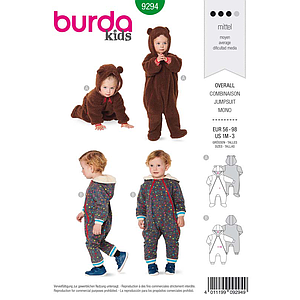 Patron Burda 9294 Combinaison bébé zippée capuche - du 56 au 98