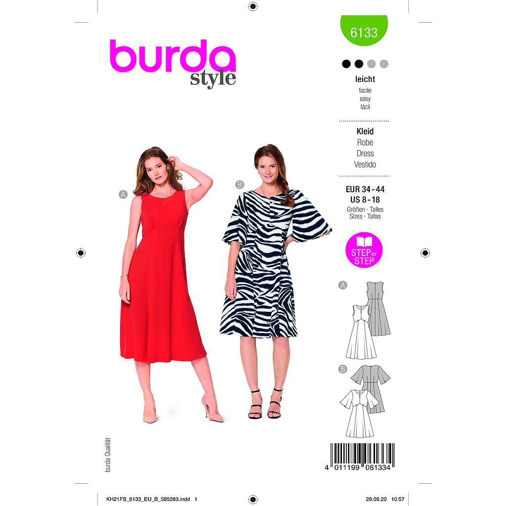 Patron Burda 6133 - Robes stylées avec jupe virevoltante du 36 au 46