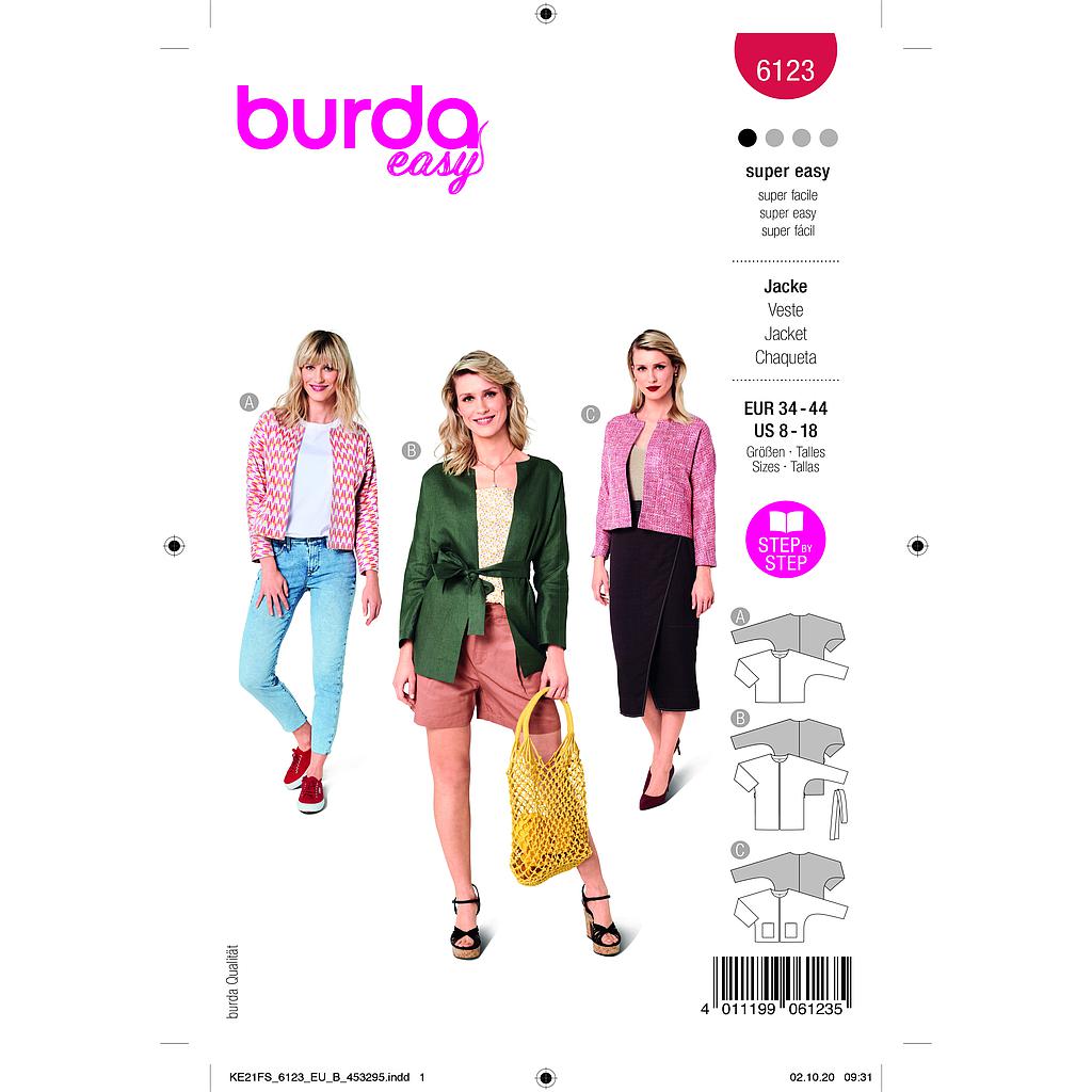 [B6123] Patron Burda 6123- Veste sans col, coupe classique du 36 au 46