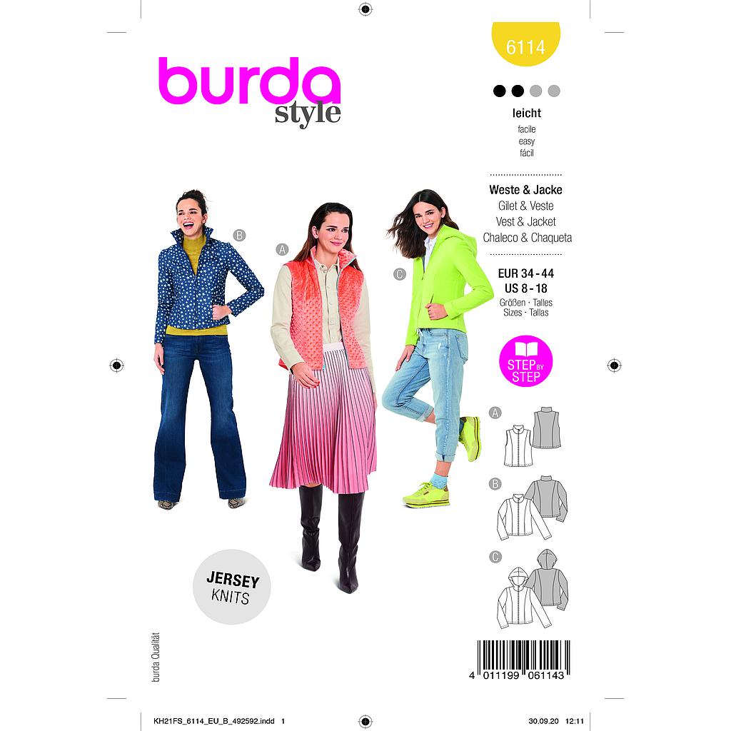 Patron Burda 6114 - Gilet ou Veste col montant ou a capuche du 36 au 46