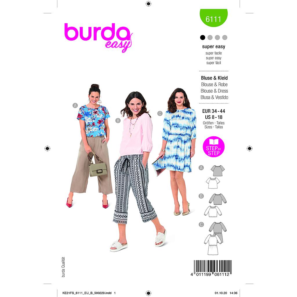 [B6111] Patron Burda 6111 - Blouses lâches, encolure Carmen du 36 au 46