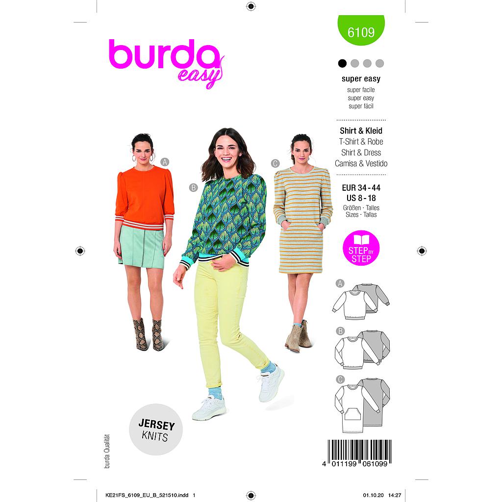 [B6109] Patron Burda 6109 - SweaTee-Shirts ou Robe en maille ou jersey du 36 au 46