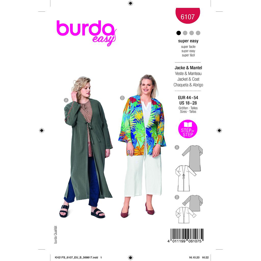 Patron Burda 6107- Veste et Manteau légers faciles à enfiler du 36 au 46