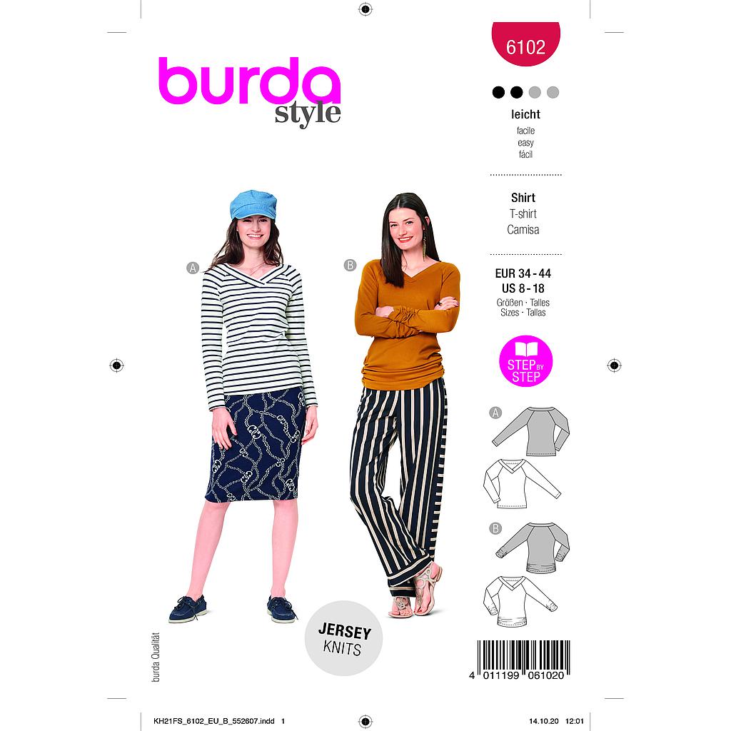 Patron Burda 6102 - Tee-Shirts encolure V, parement superposés du 36 au 46#