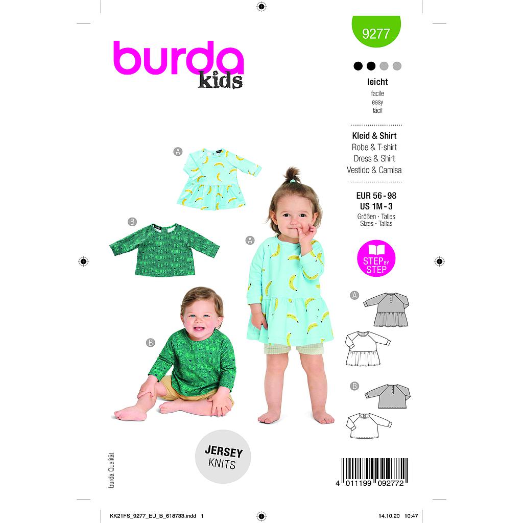 Patron Burda 9277- Tee-shirt raglan mixte ou Robe bébé du 56 au 98 cm