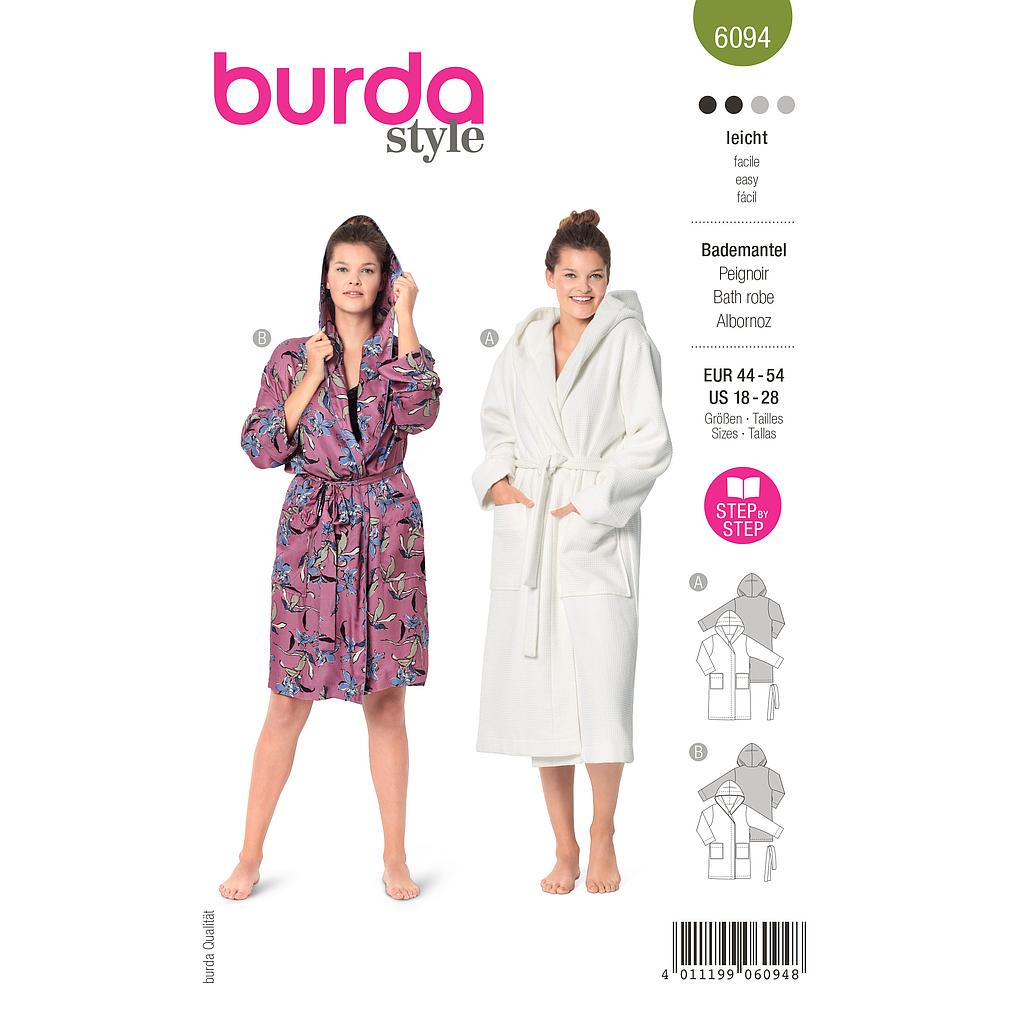 Patron Burda 6094- Peignoir avec capuche et poches plaquées du 46 au 56