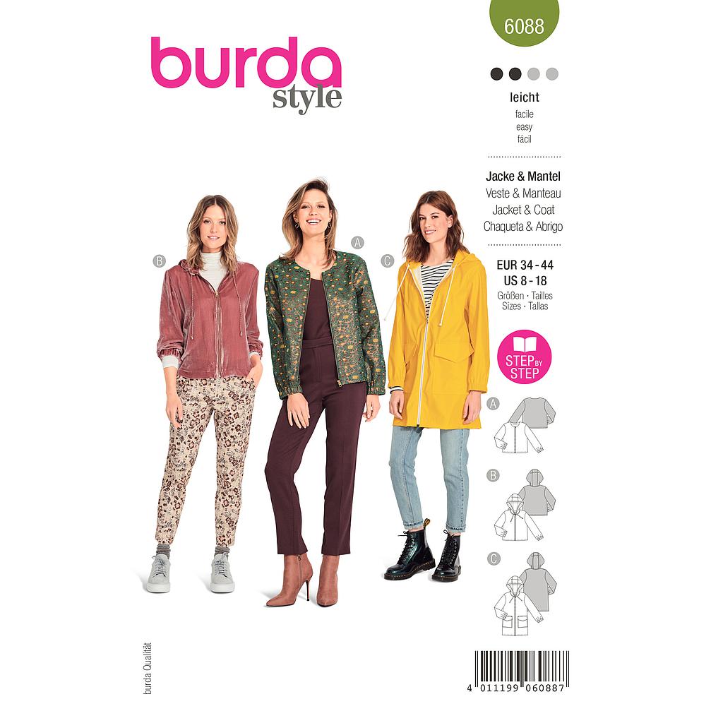 [B6088] Patron Burda 6088- Vestes, manteau – sportifs avec fermeture à glissière du 36 au 46