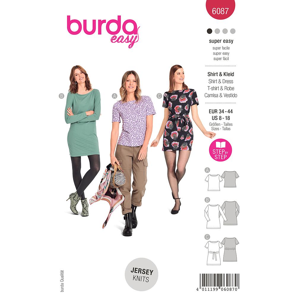 Patron Burda 6087- T-shirt, robe – près du corps avec encolure bateau du 36 au 46