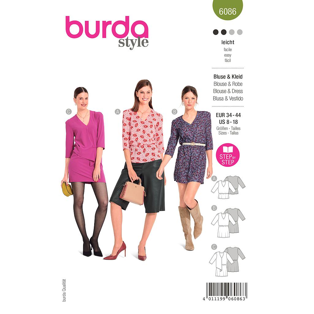 Patron Burda 6086 - Blouse, robe – silhouette enjouée à encolure V du 36 au 46#