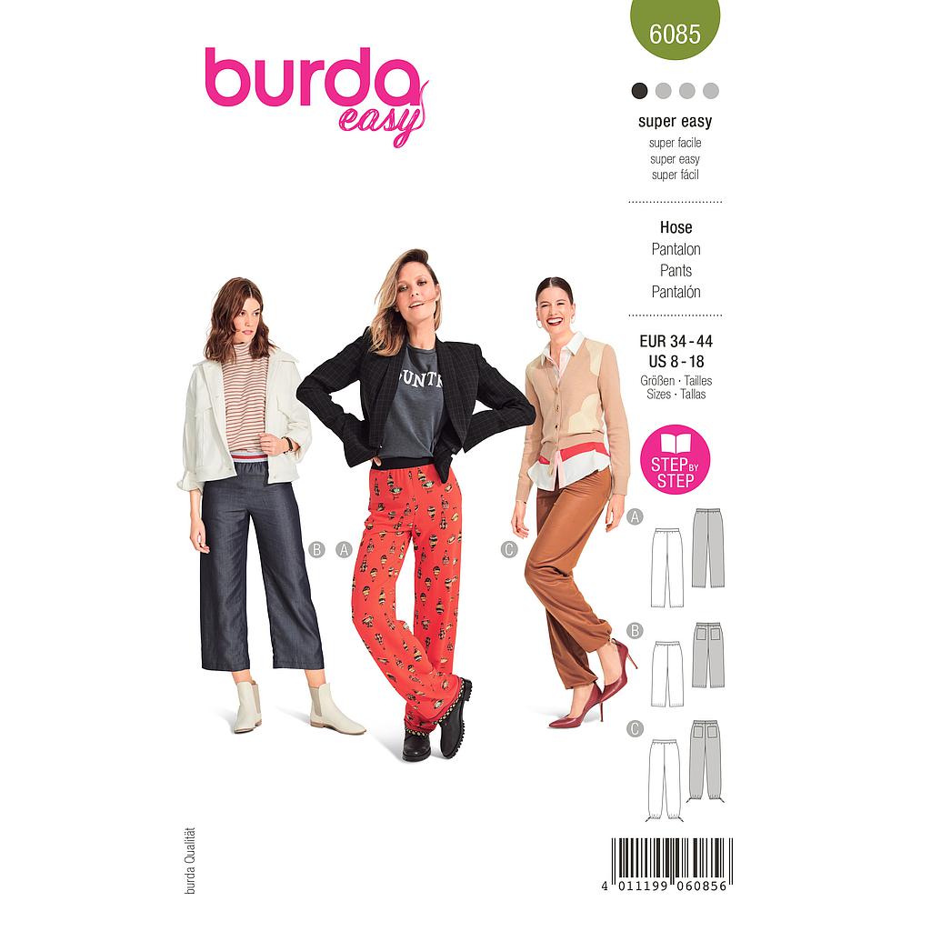 [B6085] Patron Burda 6085 - Pantalon à ceinture élastique et jambes droites du 36 au 46
