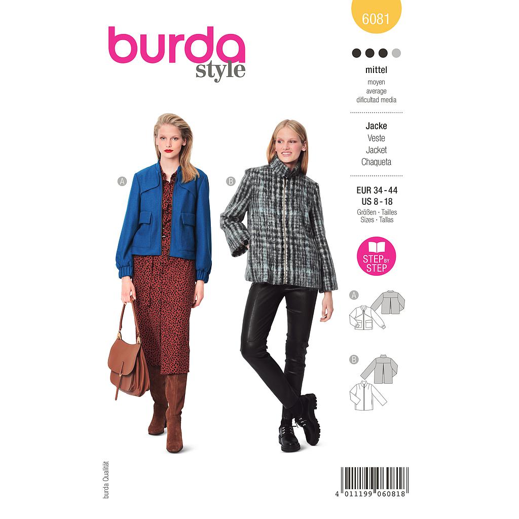 Patron Burda 6081- Veste sportive avec fermeture à glissière et col droit du 36 au 46