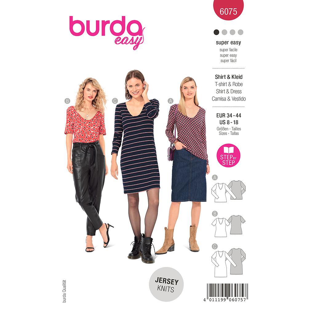 [B6075] Patron Burda 6075- T-shirt, robe – forme droite avec encolure en V du 36 au 46