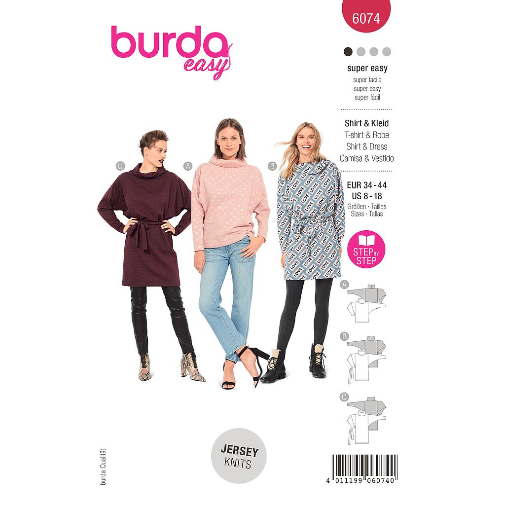 Patron Burda 6074- T-shirt, robe – à col roulé ample du 36 au 46