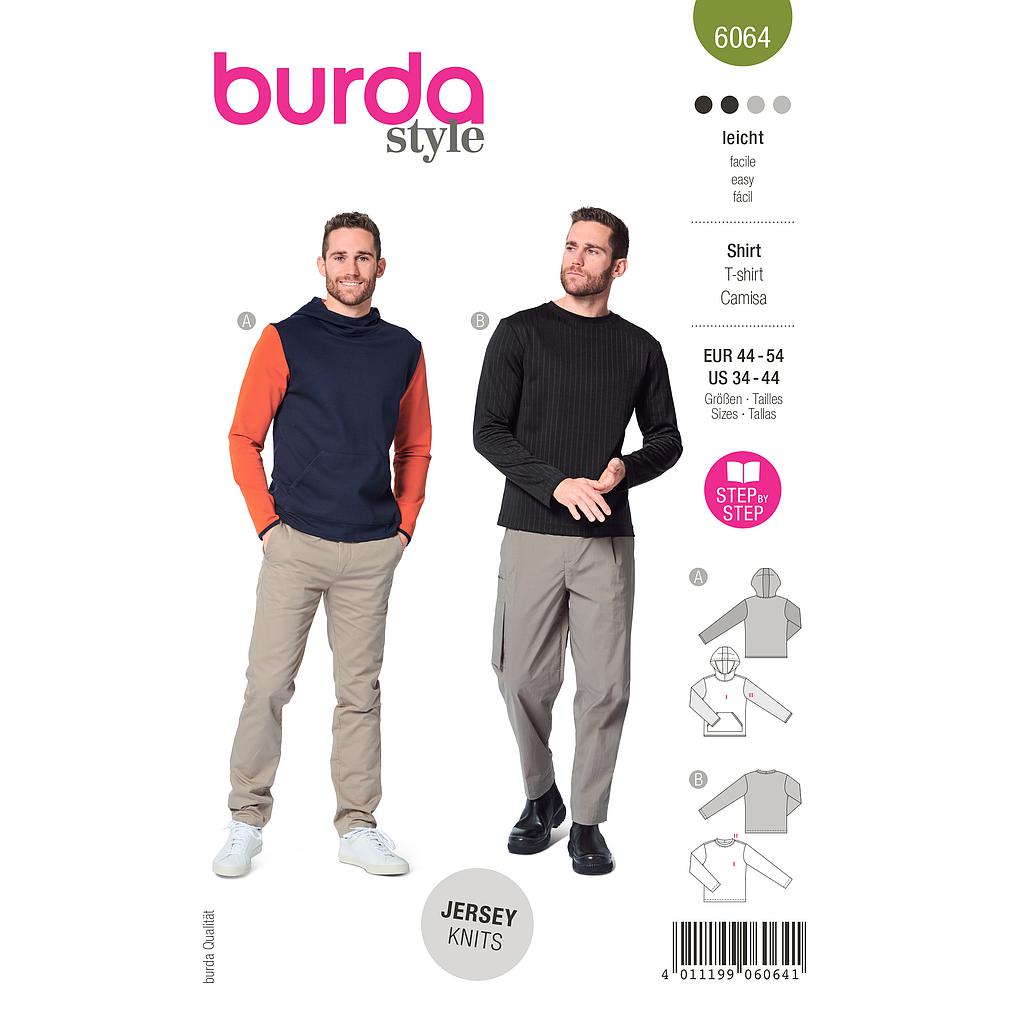 [B6064] Patron Burda 6064 - SweaTee-Shirt Homme classique avec capuche ou bordure d'encolure du 46 au 56