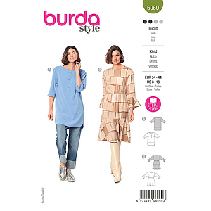 Patron Burda 6060 - Tunique Femme avec parements et fentes arrondies / robe à volants et coulisse élastiquée à la taille du 36 au 46