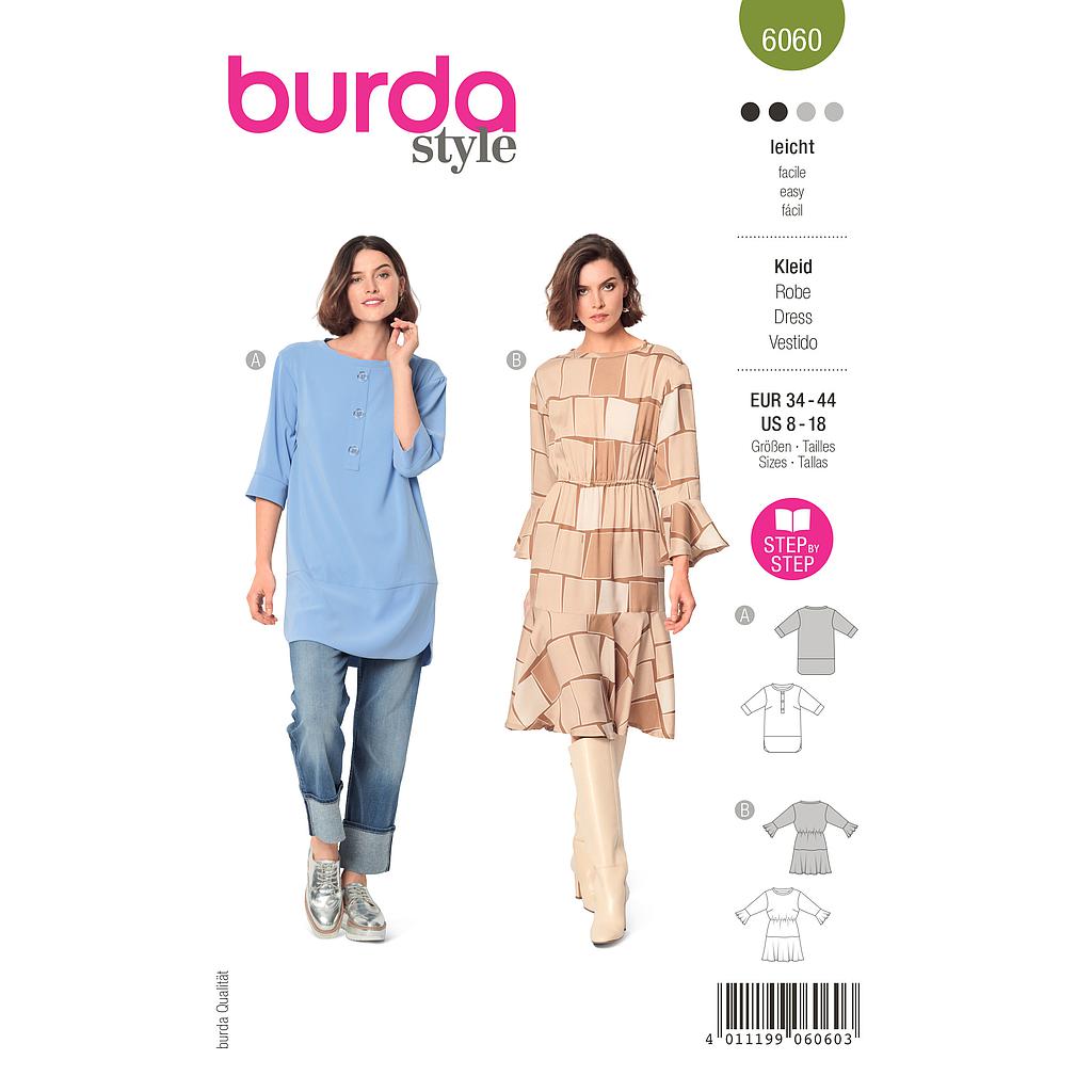 Patron Burda 6060 - Tunique Femme avec parements et fentes arrondies / robe à volants et coulisse élastiquée à la taille du 36 au 46