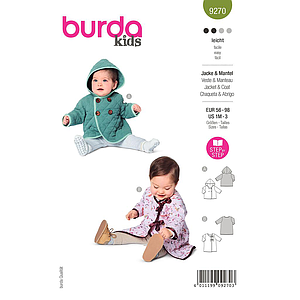Patron Burda 9270 - Veste Bébé à capuche, manteau avec liens à nouer du 56 au 98