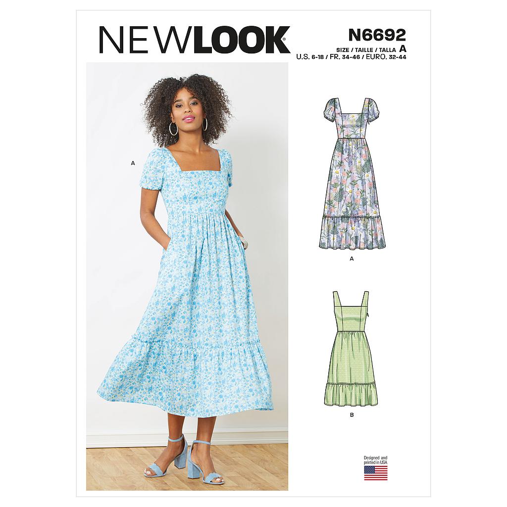 [NL6692] Patron New Look 6692 - Robe avec empiècement volant et décolleté carré du 34 au 46