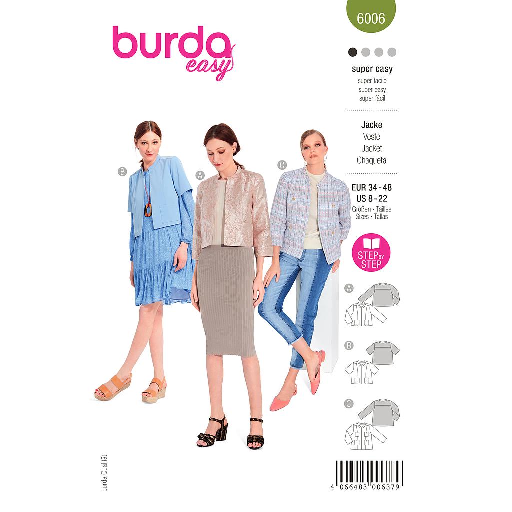 [B6006] Patron Burda 6006 - Veste courte, coupe droite et col droit du 36 au 46 (FR)