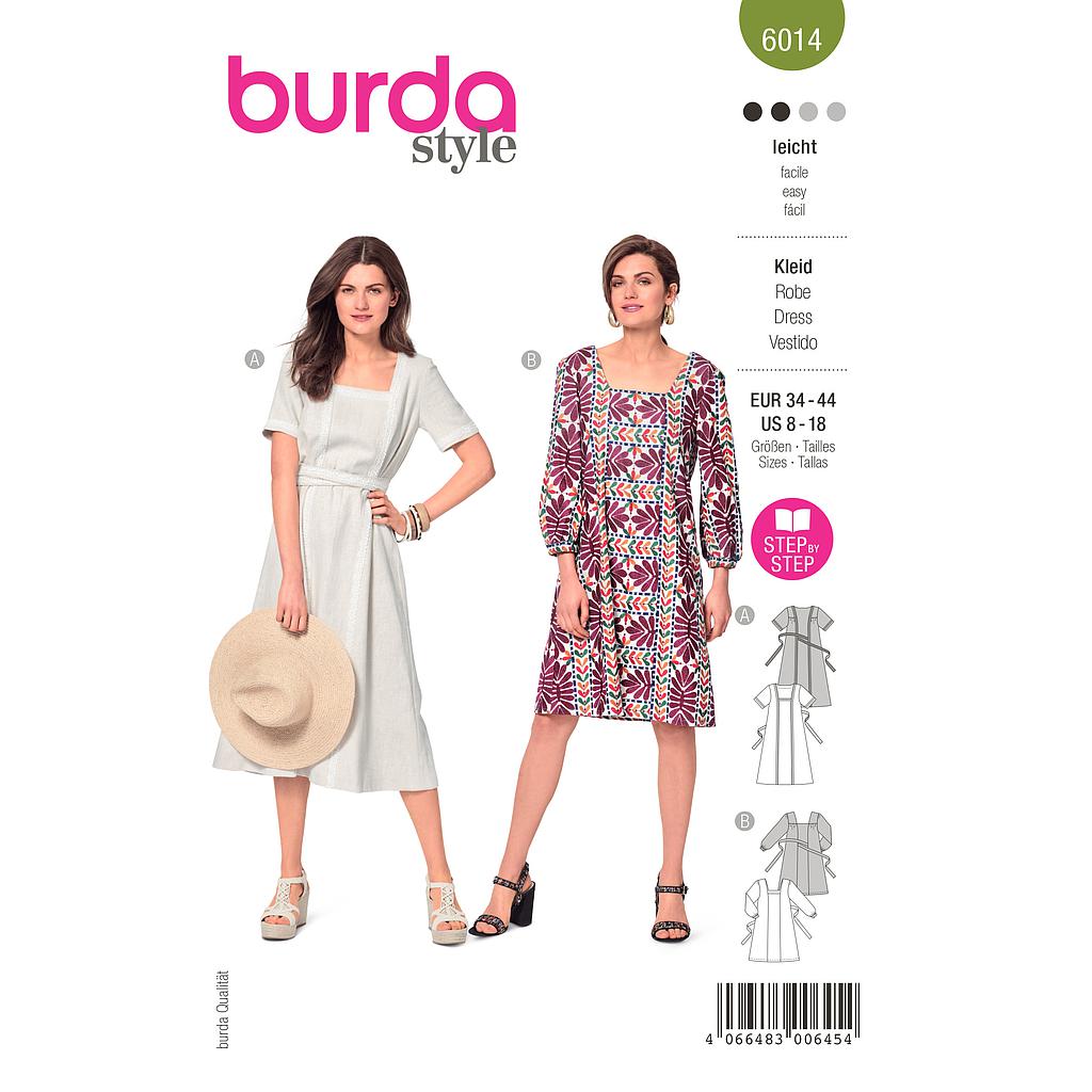 [B6014] Patron Burda 6014 - Robe, encolure carré et liens à noués à la taille du 36 au 46 (FR)