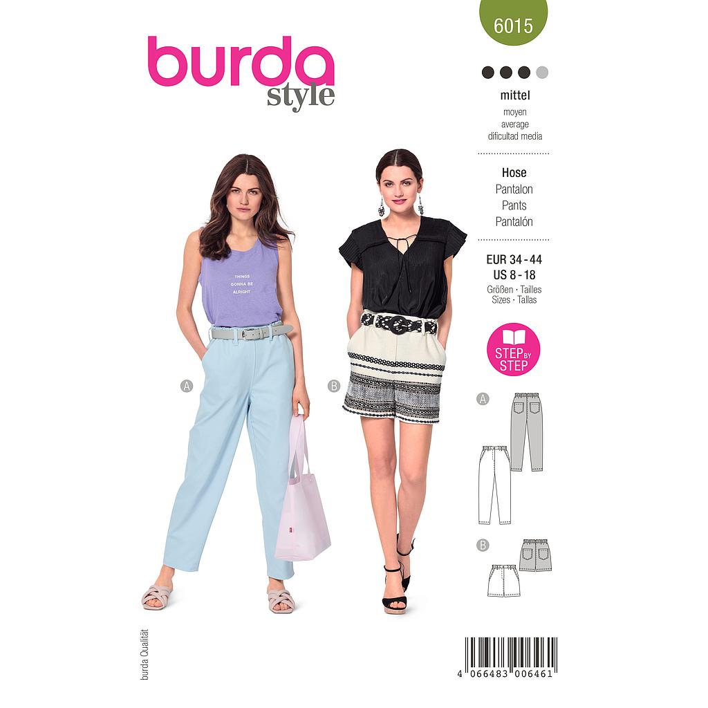 [B6015] Patron Burda 6015 - Pantalon à taille élastique coupe cônique et Short du 36 au 46 (FR)