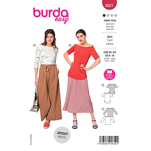 Patron Burda 6021 - Tee- shirts encolure Carmen, variations de manches du 36 au 46 (FR)