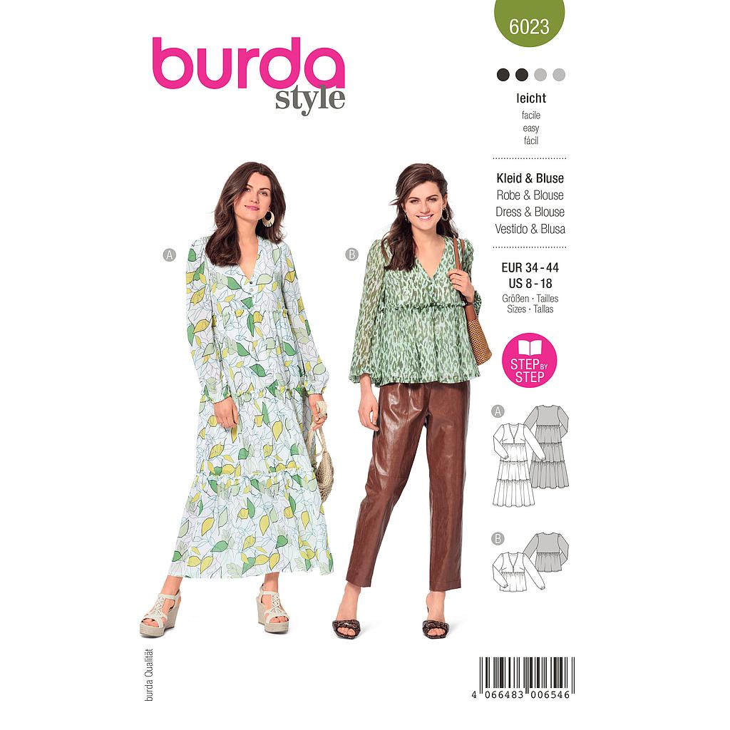 [B6023] Patron Burda 6023 - Robes et Blouses encolure V avec boutons du 36 au 46 (FR)