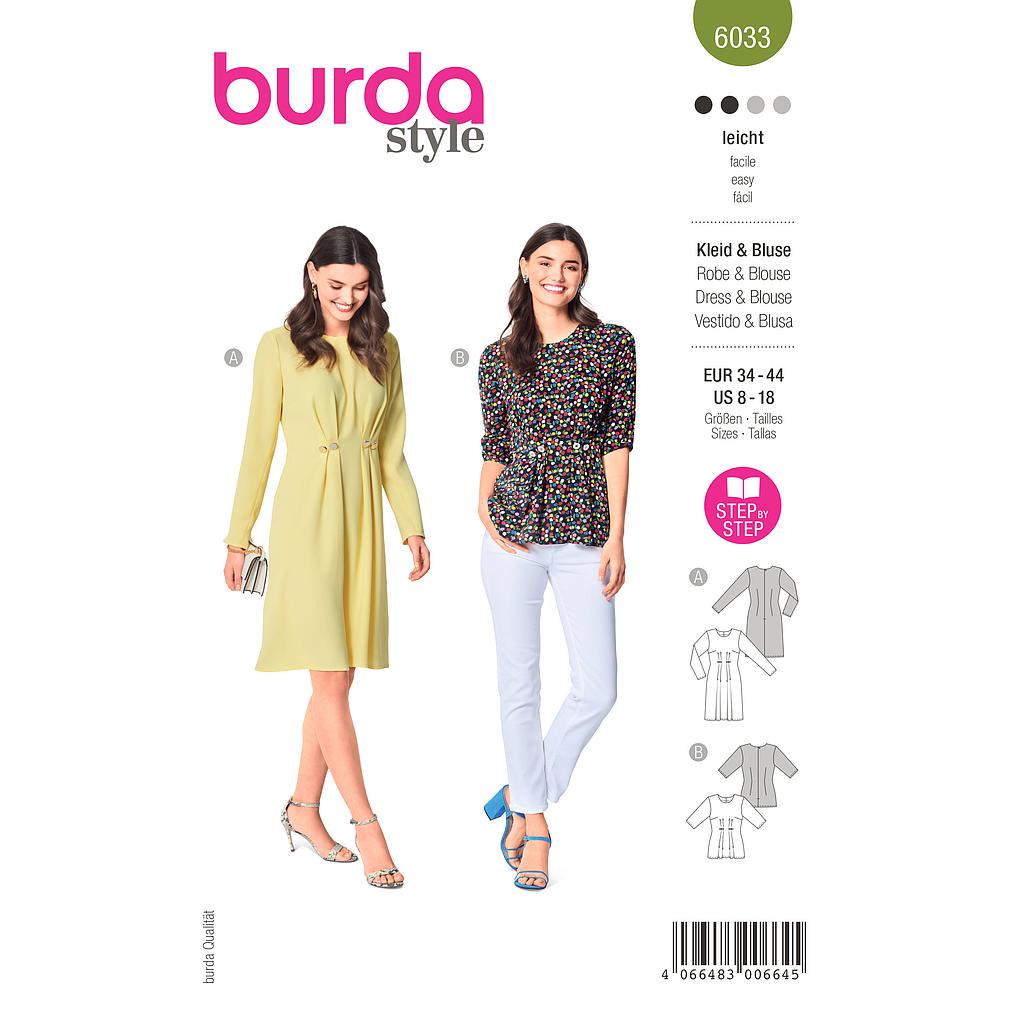 Patron Burda 6033 - Robe et Blouse cintrées avec plis au devant du 36 au 46