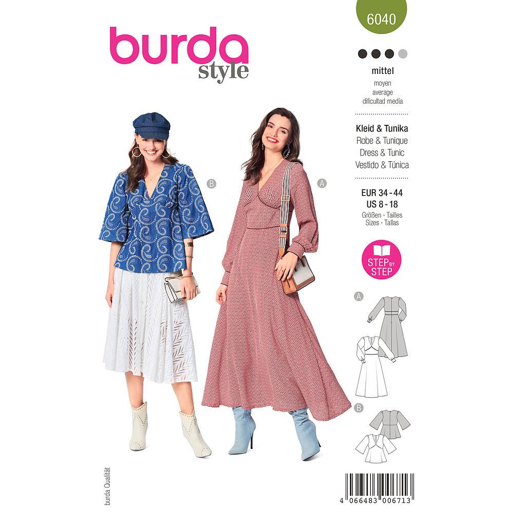 Patron Burda 6040 - Robe et Blouse encolure V et manches froncées du 36 au 46 (FR)