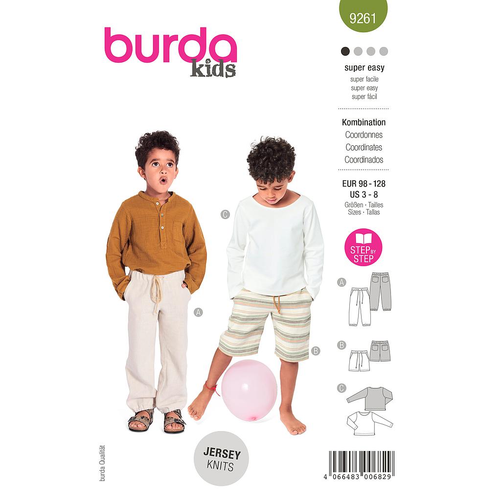 [B9261] Patron Burda 9261 - Ensemble Tee- shirt, Pantalon ou short Enfant de 98 à 128 cm