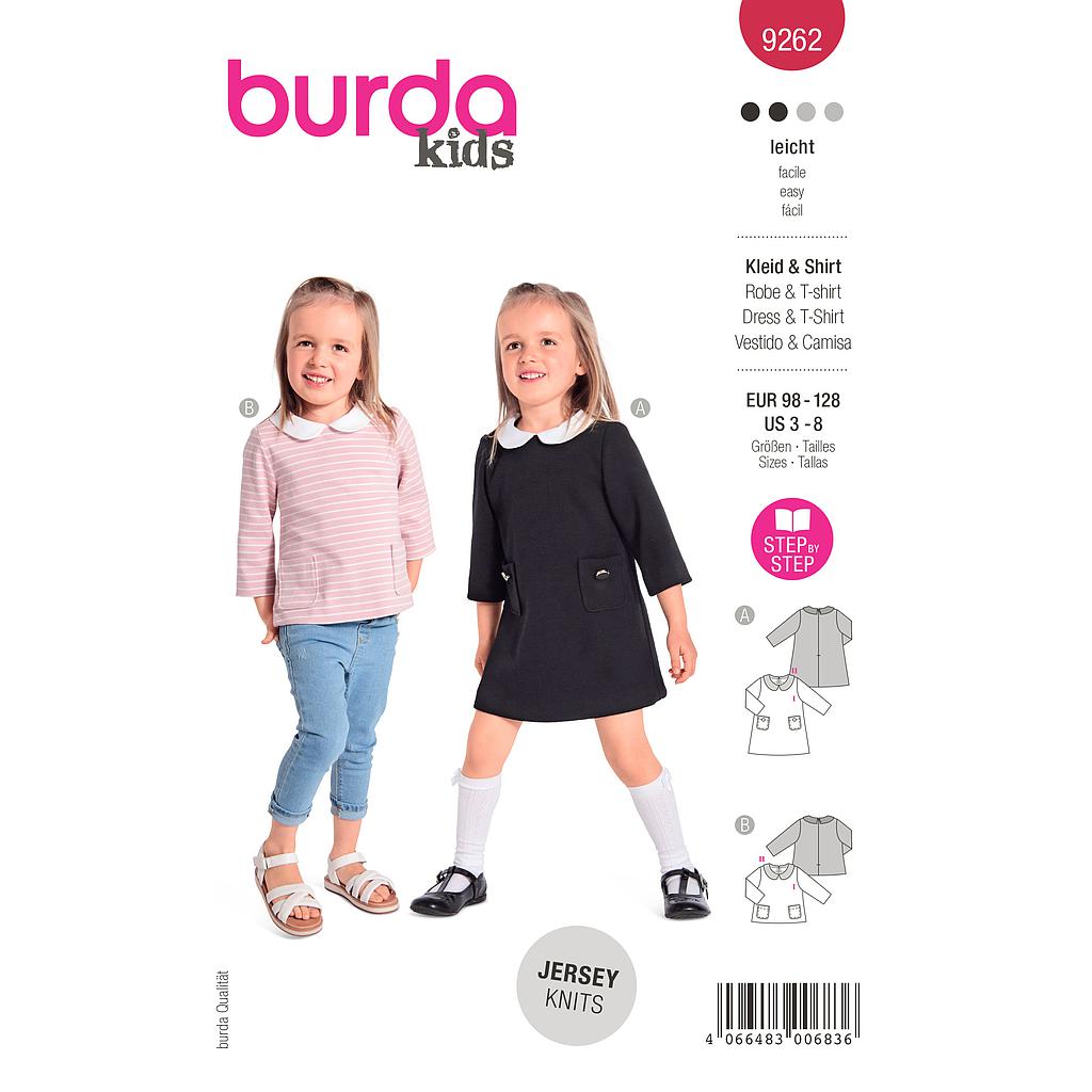 Patron Burda 9262 - Robe et Blouse avec boutons décoratifs et col Claudine Enfant de 98 à 128 cm