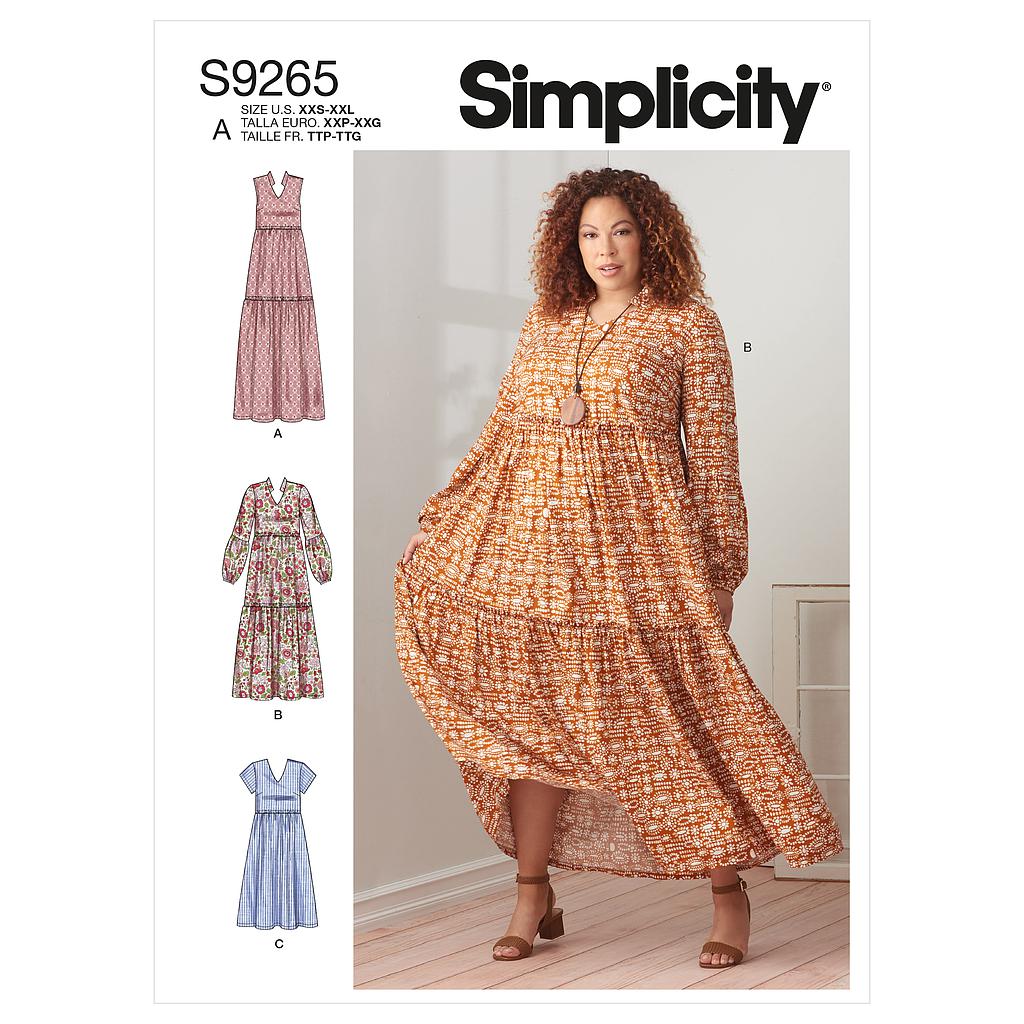 Patron Simplicity 9265.A - Robe ample à étage, froncée sous- poitrine du 32 au 54 (FR)
