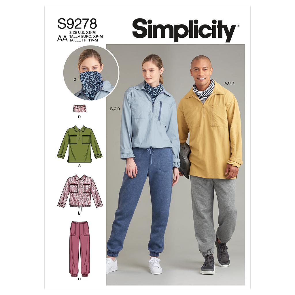 Patron Simplicity 9278 - Ensemble Unisex Sport, Top , Pantalon et tour de cou du XS au XXL