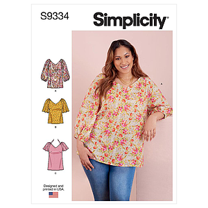 Patron Simplicity 9334 - Top ample avec décolleté V e variations de manches raglan du 38 au 56 (FR)