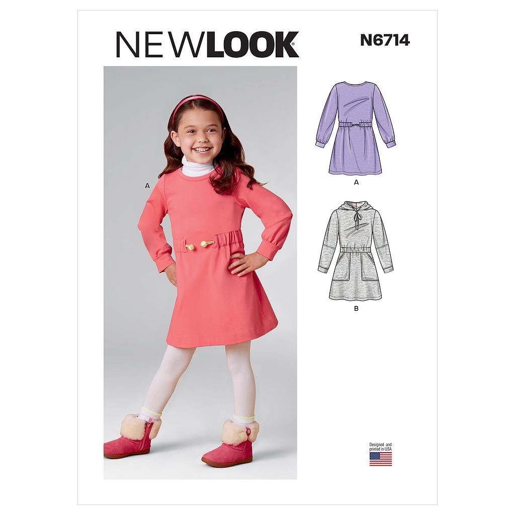 Patron New Look 6714 - Robe Fille avec ou sans capuche et coulisse à la taille de 3 à 8 ans 