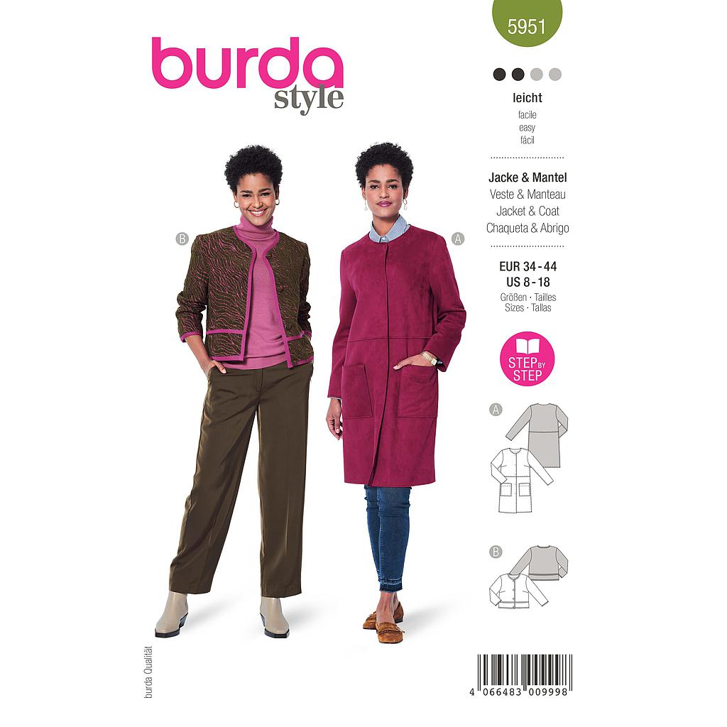 Patron Burda 5951 - Veste courte carrée &amp; manteau sans col du 36 au 46 (FR)