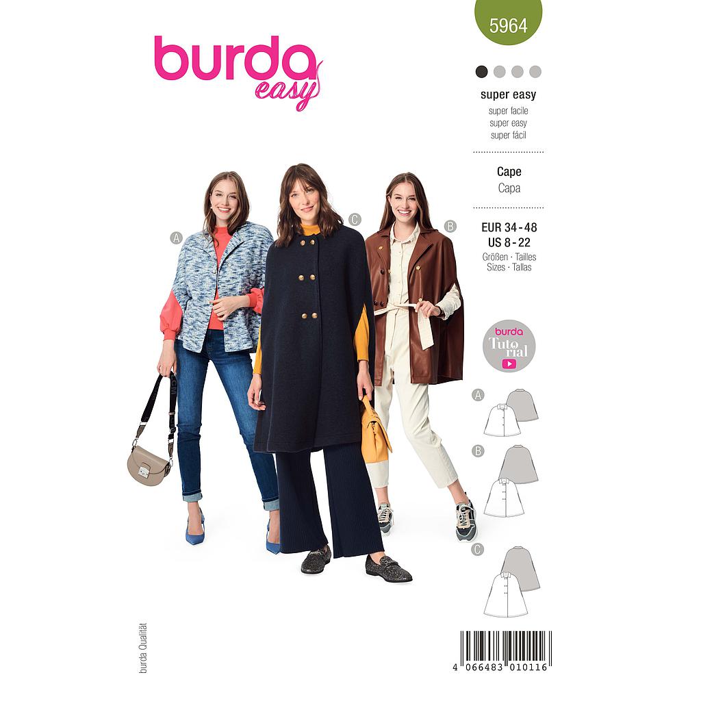 Patron Burda 5964 - Cape avec fentes de manche et petit col du 36 au 50 (FR)