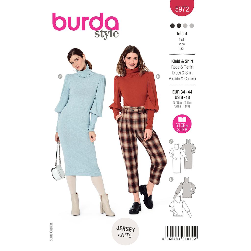 Patron Burda 5972 -  Robe tricot &amp; t-shirt à col roulé et manches froncées du 36 au 46 (FR)