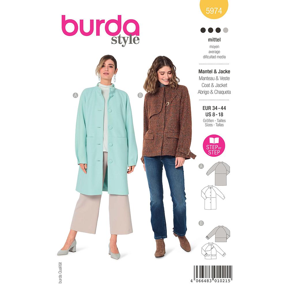 [B5974] Patron Burda 5974 - Veste & manteau à manches raglan et col droit du 36 au 46 (FR)