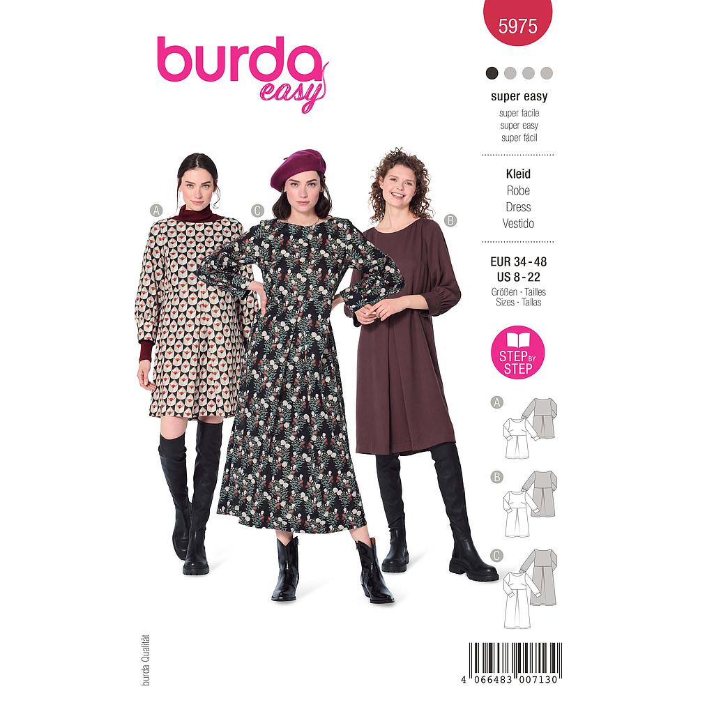 [B5975] Patron Burda 5975 - Robe à encolure bateau et manches à poignet du 36 au 50 (FR)