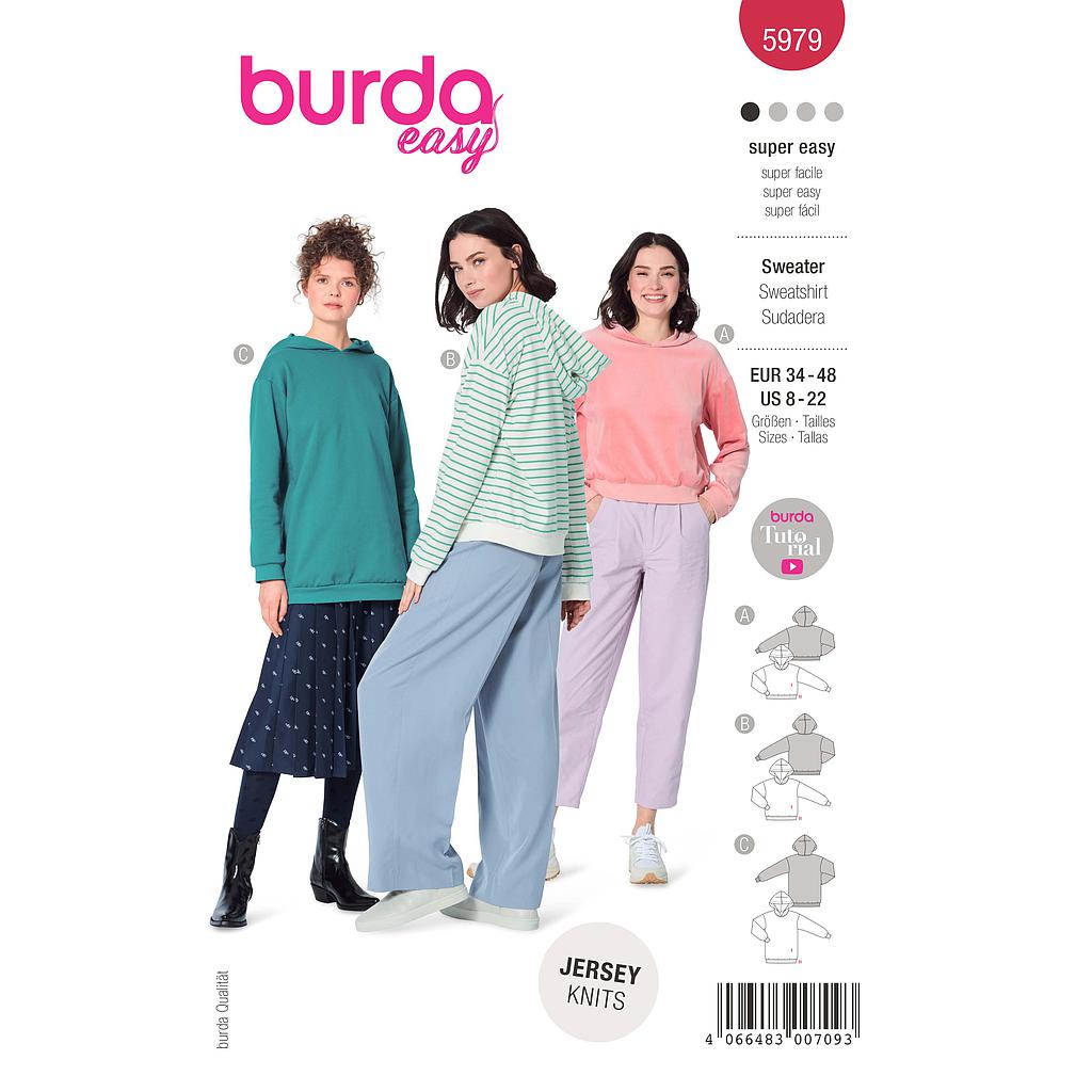 Patron Burda 5979 - Sweat-shirt à capuche décontractés et confortables proposés en trois longueurs du 36 au 50 (FR)