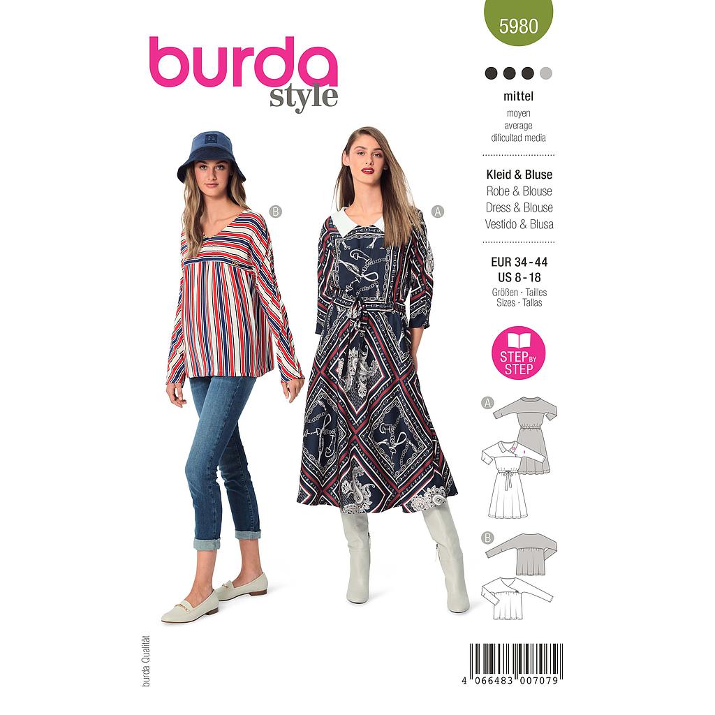 Patron Burda 5980 - Robe classique &amp; blouse nonchalante avec ligne raffinée du 36 au 46 (FR)